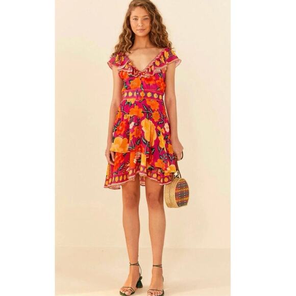 FARM RIO Pink Flowers Tapestry V-Neck Mini Dress Sz S - Picture 2 of 13